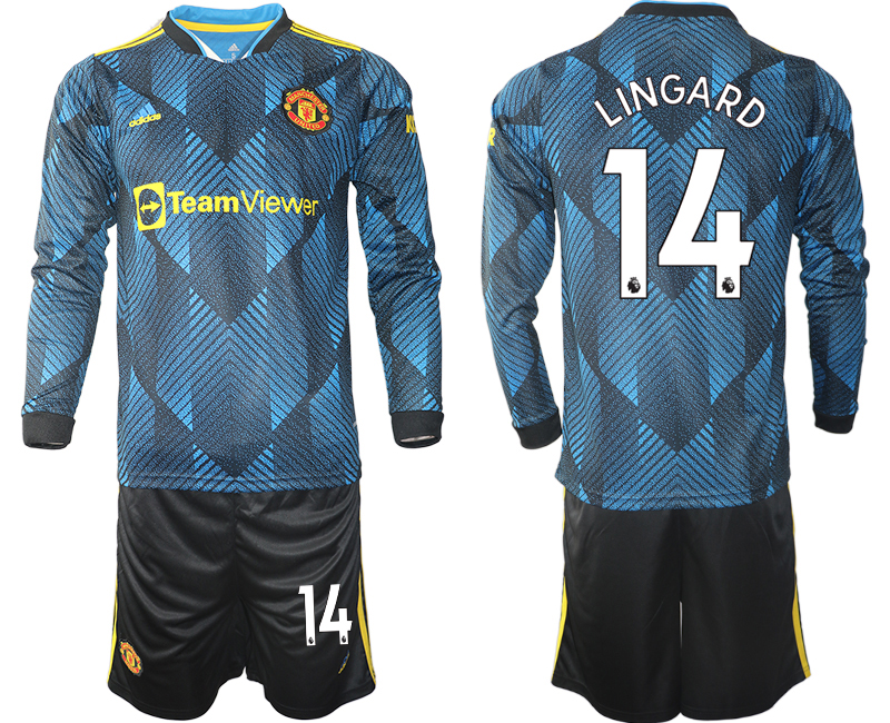 Men 2021-2022 Club Manchester united second away blue Long Sleeve #14 Soccer Jersey->manchester united jersey->Soccer Club Jersey